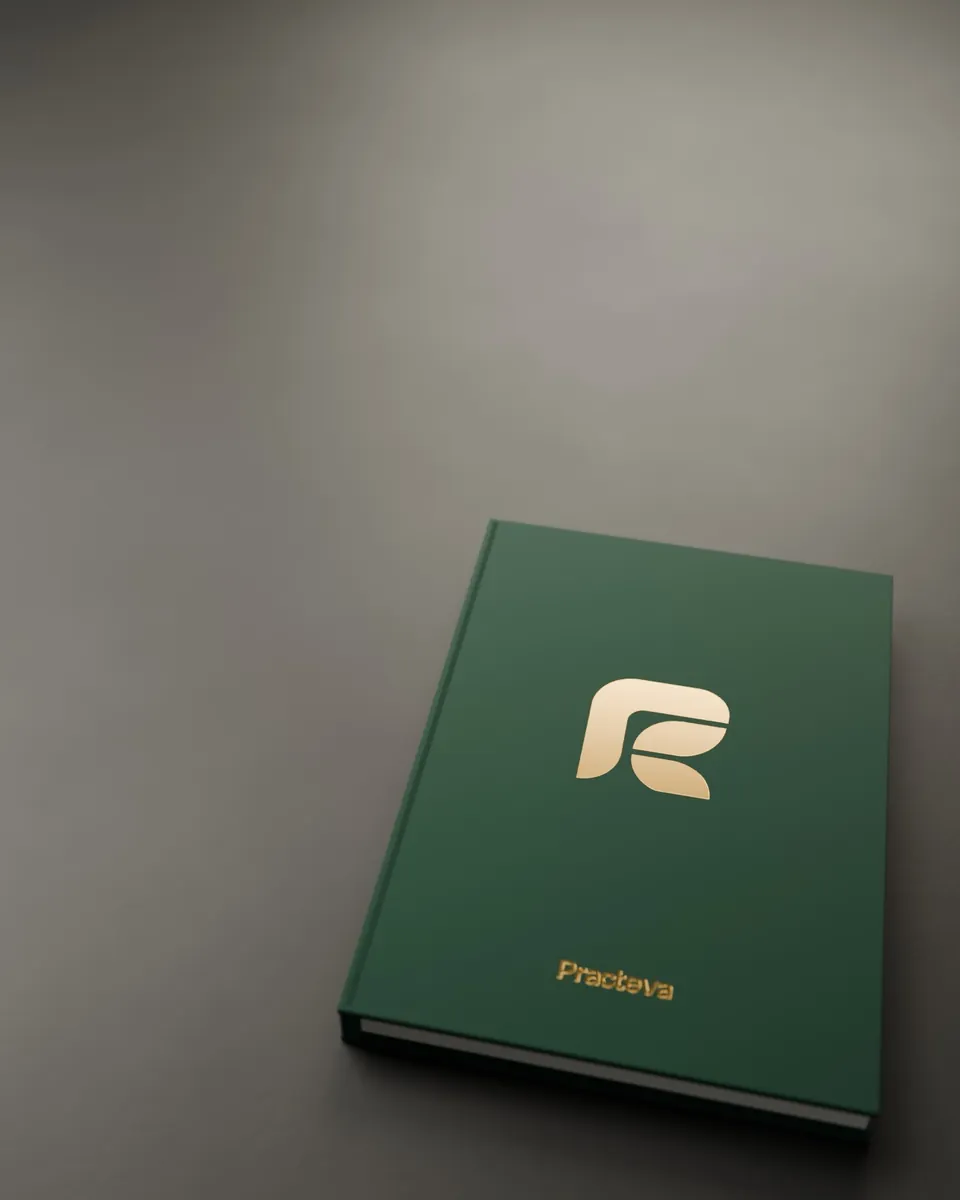 A deep green Practeva notebook with the leaf symbol in gold foil